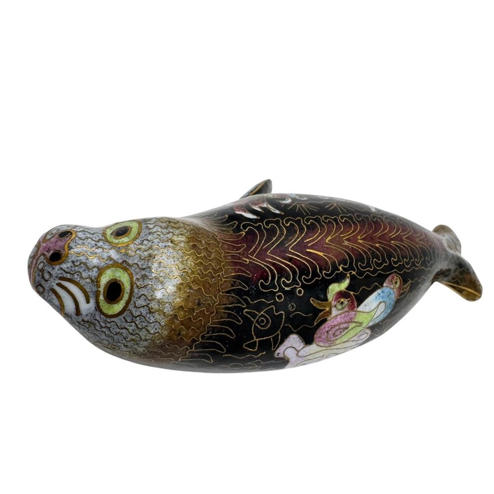 Cloisonné Seal Figurine Floral Pink Black Green Design Blue Waves Vintage Small